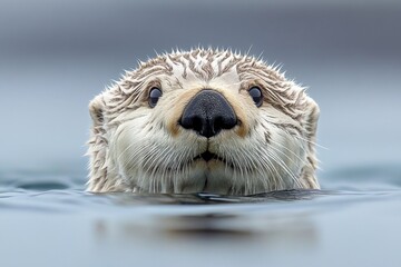 Close-up of a wet sea otter's face, showing its expressive eyes and whiskers. Perfect for websites, blogs, or social media needing a cute, curious animal image.