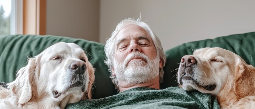 Senior Man Napping Peacefully with Two Golden Retrievers