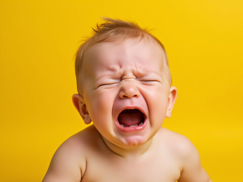 Crying baby infant against colored background	
