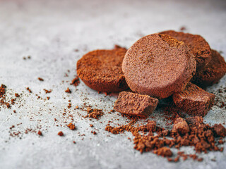 Close-up of coffee grounds from espresso machine. coffee ground on gray background