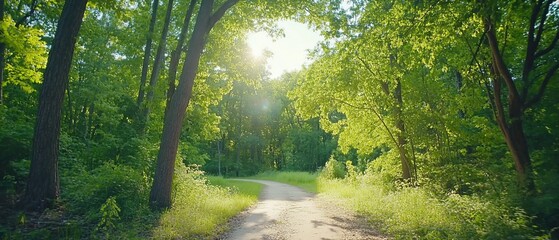 Fototapeta premium Sunny forest path, nature trail, summer woods