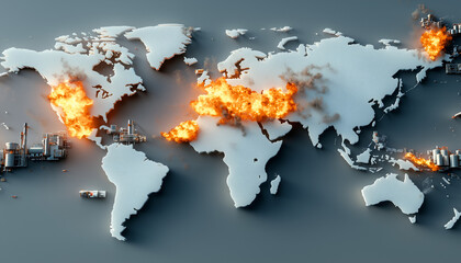 Naklejka premium A world map is depicted in white with fiery explosions occurring at various locations, symbolizing conflict or disasters across different regions.