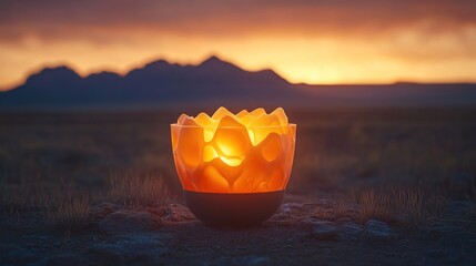 Sunset glow illuminates carved stone lantern in desert