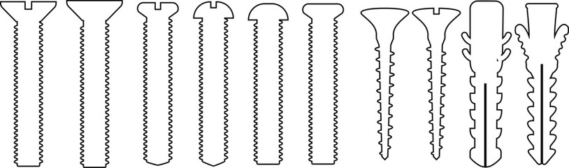 Nuts , screws, rivets, and bolts con set. Equipment stainless, fasteners, metal fixation gear black line and flat vector collection isolated on transparent background. Building tools construction sign