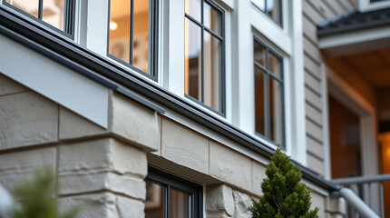 Modern House Exterior: Elegant Stone and Brick Facade with Large Windows. High-end residential architecture, showcasing contemporary design and luxury details.