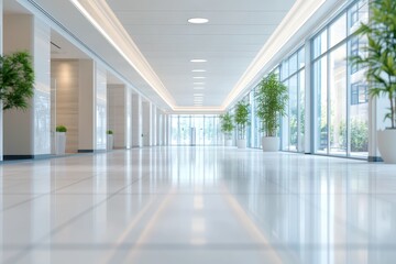 Fototapeta premium Bright, modern office hallway with plants. Ideal for corporate, business, and architecture projects.