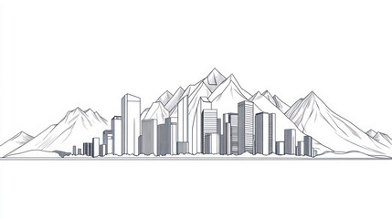 A minimalist line drawing of a city skyline with mountains in the background.