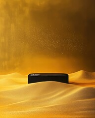 Black Display Object on Golden Sand with Soft Light Background