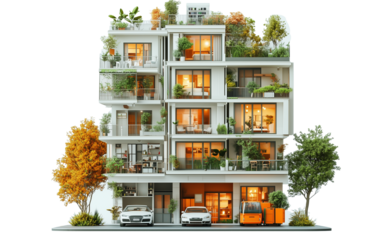 An apartment building, a 3D model of architecture with orange and green accents, isolated on transparent background