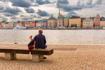 A woman sits on a wooden bench with her dog, facing the main embankment in Stockholm, Sweden.