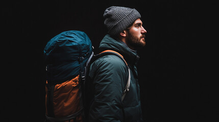 Obraz premium Hiker rests with backpack in a dimly lit environment during outdoor adventure