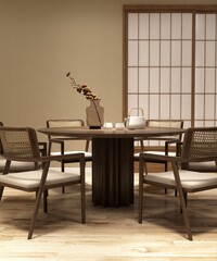 Luxury East Asian style dining room of beige wall, shoji screen partition with round wooden table,...