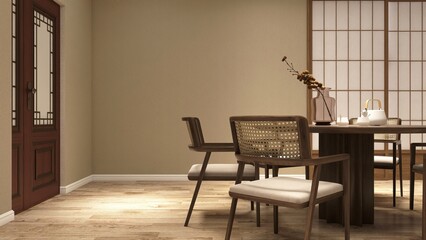 Luxury East Asian style dining room of beige wall, shoji screen partition with round wooden table, chairs on parquet floor for interior design decoration, product background 3D