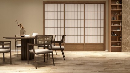 Luxury East Asian style dining room of beige wall, shoji screen partition with round wooden table, chairs on parquet floor for interior design decoration, product background 3D
