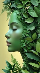 Eco-inspired portrait of a serene green face seamlessly blended with vibrant tropical leaves, symbolizing harmony between nature and humanity and emphasizing the beauty of sustainable living

