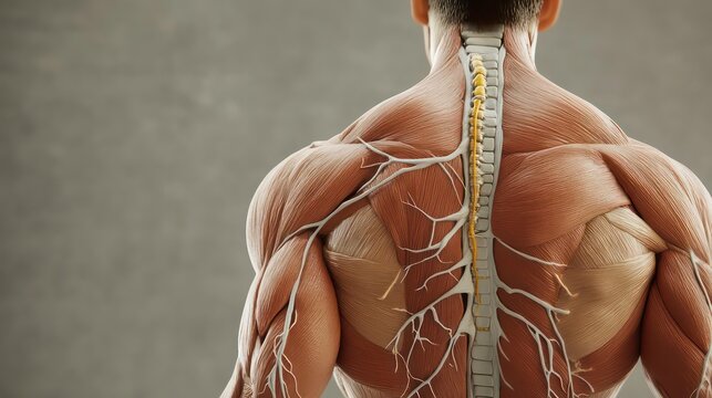 A muscular back with a highlighted spine and nerve pathways, illustrating potential areas affected by myofascial pain syndrome