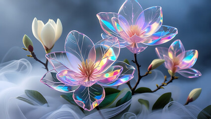 Fototapeta premium beautiful light spectrum magnolia flowers, created by generative ai
