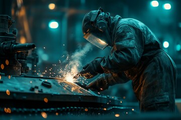 A worker focuses on welding metal with sparks flying in a dimly lit industrial environment. The scene captures the intense atmosphere of evening work, highlighting safety gear