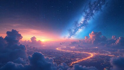 Magical Cityscape Sunset with Milky Way Galaxy