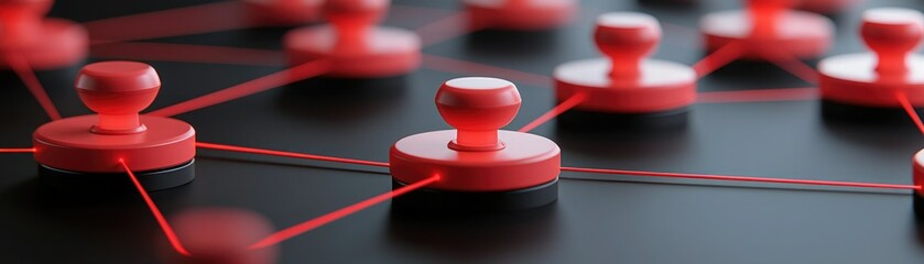A close-up view of interconnected red pins on a dark surface, symbolizing networking and connectivity.