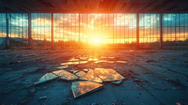 Sunset in abandoned warehouse, shattered mirrors reflecting sky
