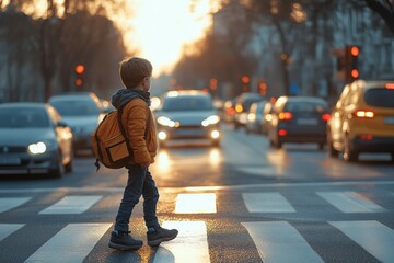A young boy walks confidently across a busy crosswalk in a city, surrounded by cars. The warm glow of the sunset casts a golden light, creating a peaceful yet busy atmosphere