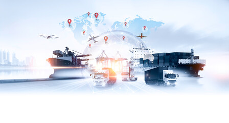 Global business of Container Cargo freight train for Business logistics concept, Air cargo trucking, Rail transportation and maritime shipping, Online goods orders worldwide