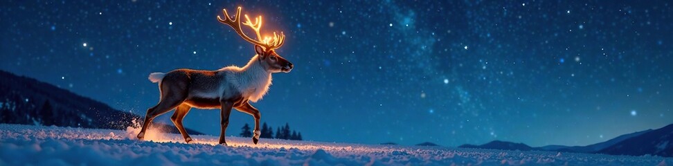 Obraz premium A majestic reindeer prancing under the starry night sky, glowing, lights