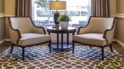 Elegant armchairs and table near a window