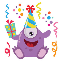 Funny birthday monster vector cartoon illustration