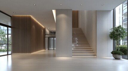 Modern building lobby staircase, city view