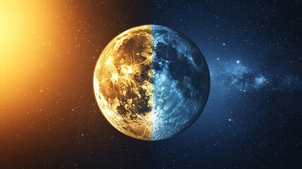 Fototapeta premium Celestial body showcasing sunlit and shadowed halves against deep space backdrop