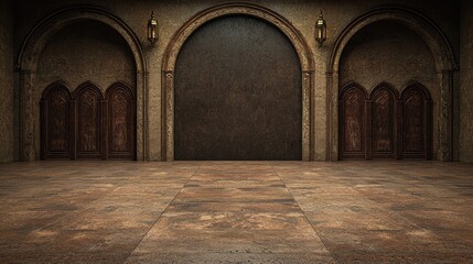 Fototapeta premium Grand Hallway, Ancient Architecture, Stone Floor, Dark Background, Interior Design