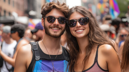 A photo of two people holding an Acrinian couture flag at the tank top, purple and black stripes with white in between, during New York pride parade, happy faces, smiling.