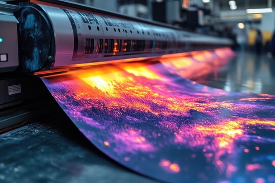 Photo of a modern large-format printing machine in action, industrial and professional setup