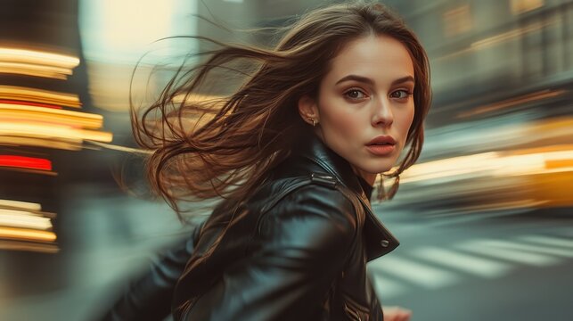 A photograph of an attractive woman running through the streets of New York, with motion blur, wearing a leather jacket and having brown hair