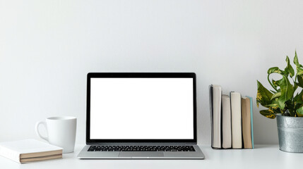 Stylish laconic laptop mockup. An open laptop with a white screen sits on a table next to a potted plant, a white cup of coffee, and a stack of books. Presentation of the website