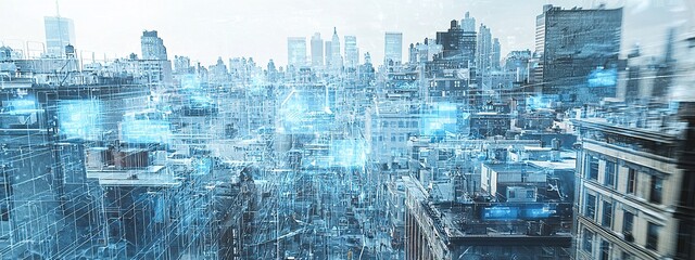 Virtual reality graphics enhance dusty blue cityscape with digital overlays