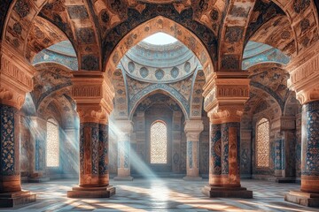 Obraz premium Ornate hall, sunlit columns, ancient mosaics.