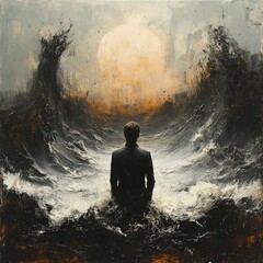 Obraz premium Person facing stormy sea, bright moon above.