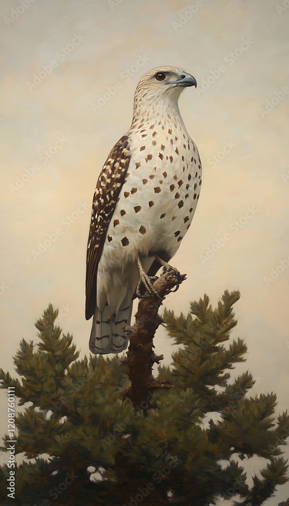 Poster A white hawk with brown spots perched on a branch against a muted sky.