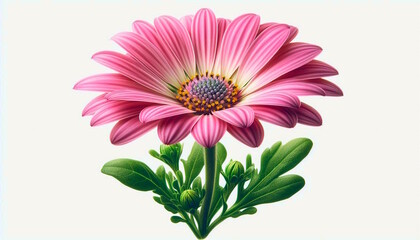 beautiful pink daisy flower blooming in spring with leaves, white background
