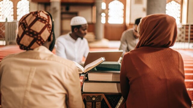 Islam Quran examination concept, Study session in a mosque with students and books