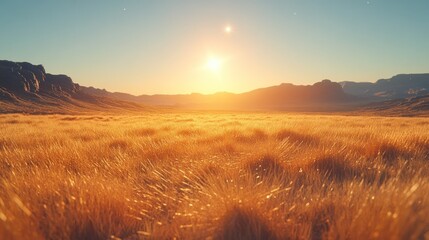 Obraz premium Sunset over golden field, mountain backdrop, peaceful landscape, nature scene