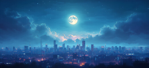 Fototapeta premium White clouds, moonlight shining on the city skyline, night sky, urban buildings