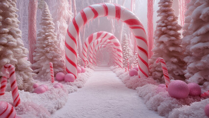 Candy cane arches and frosty pink trees create a magical winter pathway