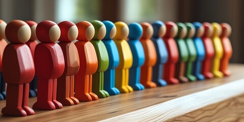 Multicolored wooden human-shaped figures assembled as a group, emphasizing diversity, inclusion, social unity, teamwork, collaboration, equality, community support, and harmonious relationships


