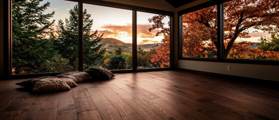Serene Autumn Farmhouse Living Room with Panoramic View