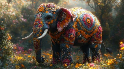 Ornate elephant in floral garden