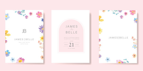 Elegant wedding invitation card background vector. Minimal hand painted watercolor botanical flowers texture template background. Design illustration for wedding, vip cover, poster, rsvp modern card.